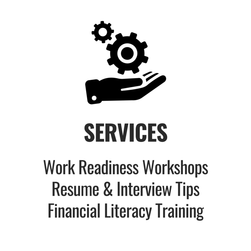 Services; Work Readiness Workshops, Resume & Interview Tips, Financial Literacy Training